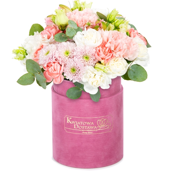 Kwiaty mieszane w różowym, welurowym pudełku