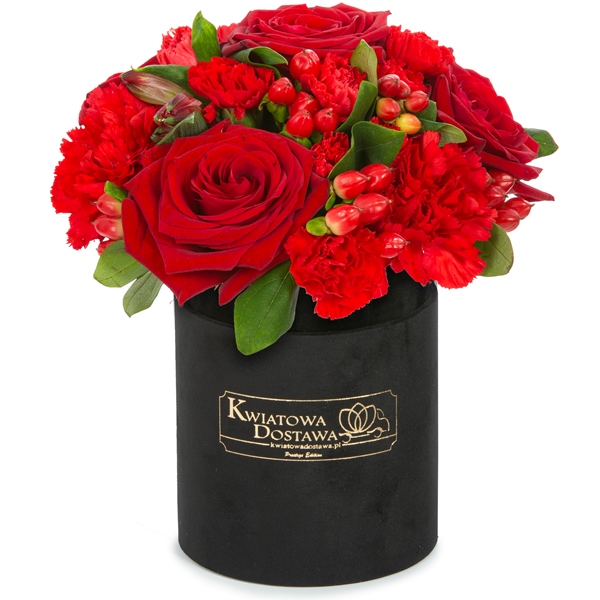 Kwiaty mieszane w czerwonym, welurowym pudełku
