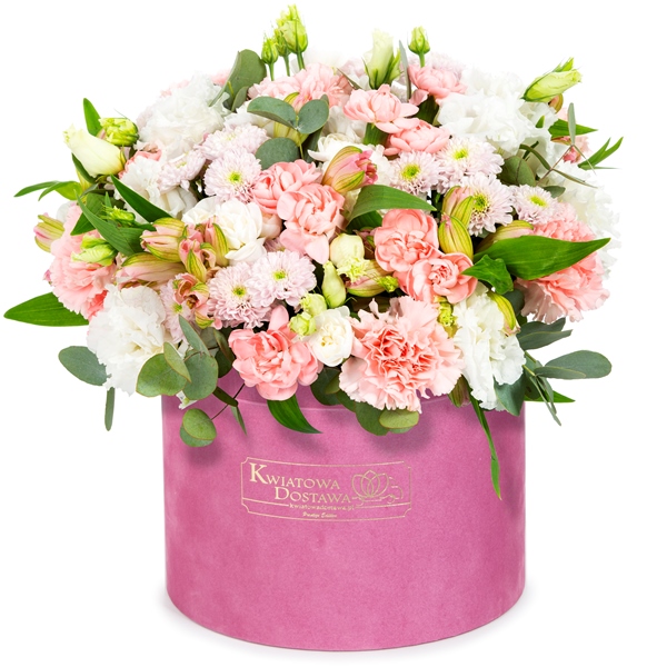 Kwiaty mieszane w różowym, welurowym pudełku
