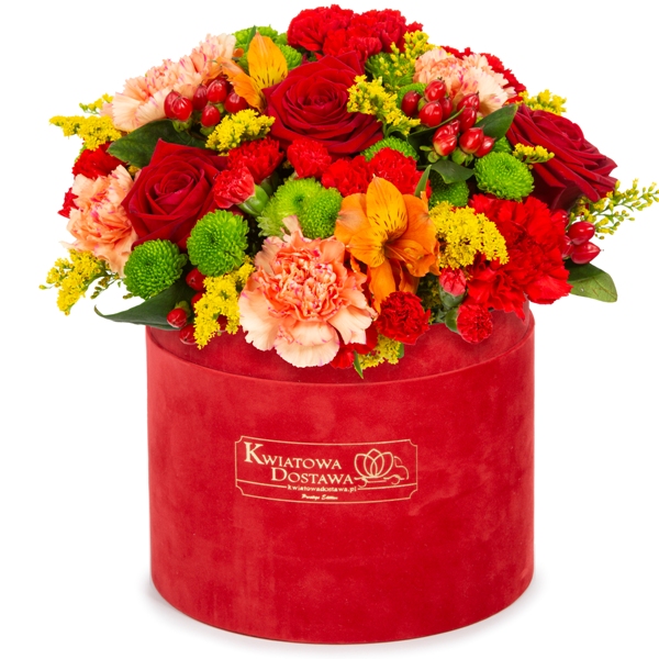 Kwiaty mieszane w czerwonym welurowym pudełku