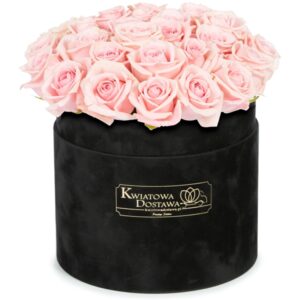 Różowe Róże w czarnym, welurowym pudełku