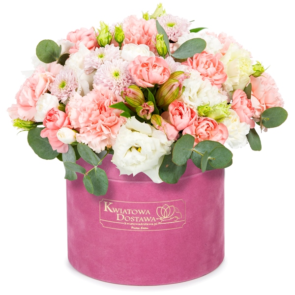 Kwiaty mieszane w różowym, welurowym pudełku 